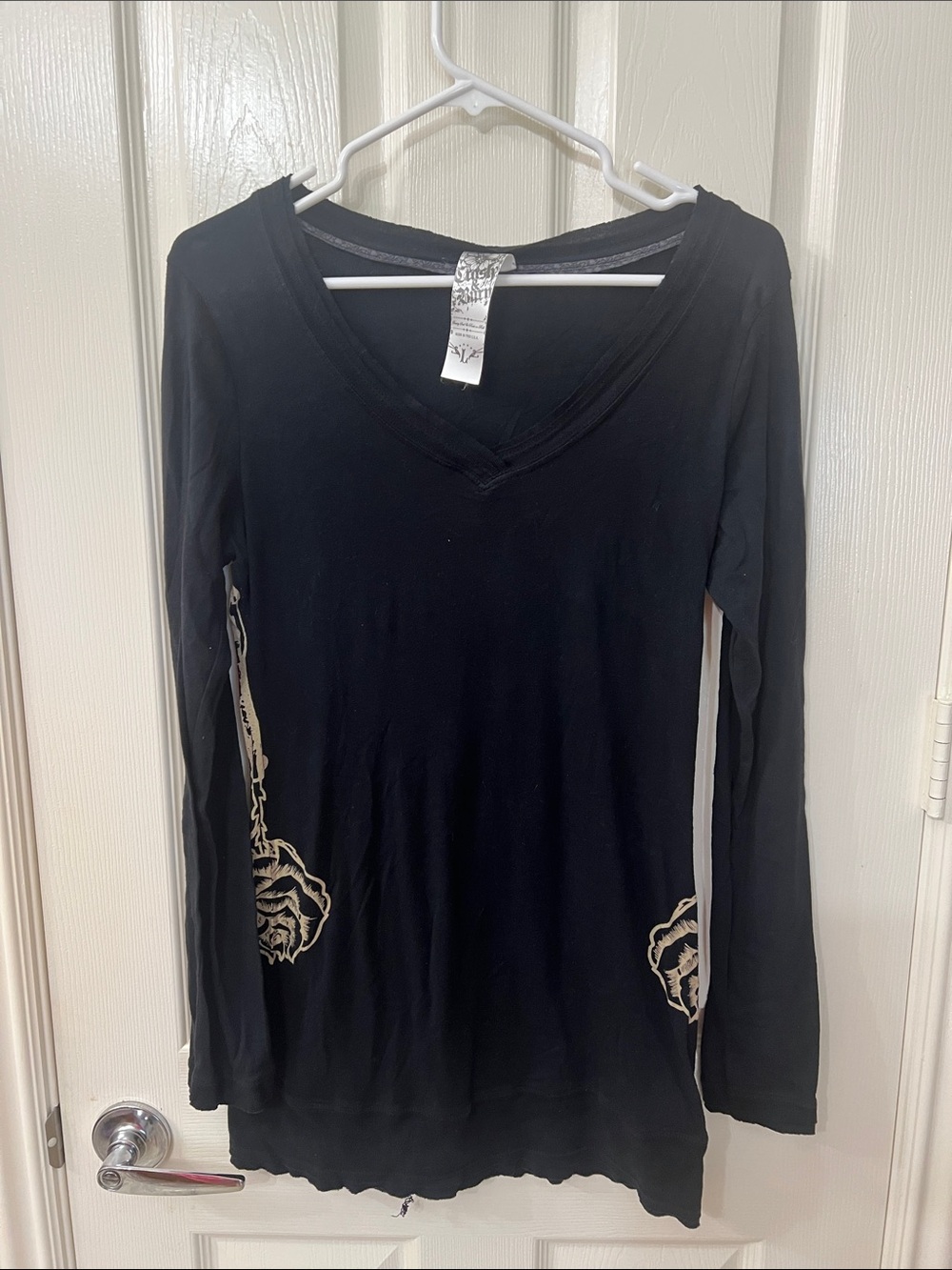 Crash & Burn Black V-Neck Long Sleeve Top with Cream Rose Side Prints Skull Back